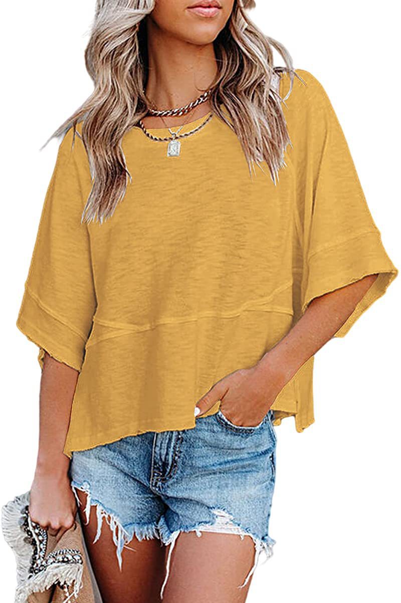 Women's Summer Colorblock Crewneck Bell Sleeve Loose T-Shirt