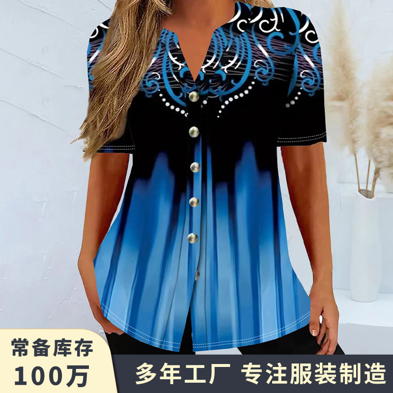 Women's V-Neck Short Sleeve Button T-Shirt Solid Color Casual