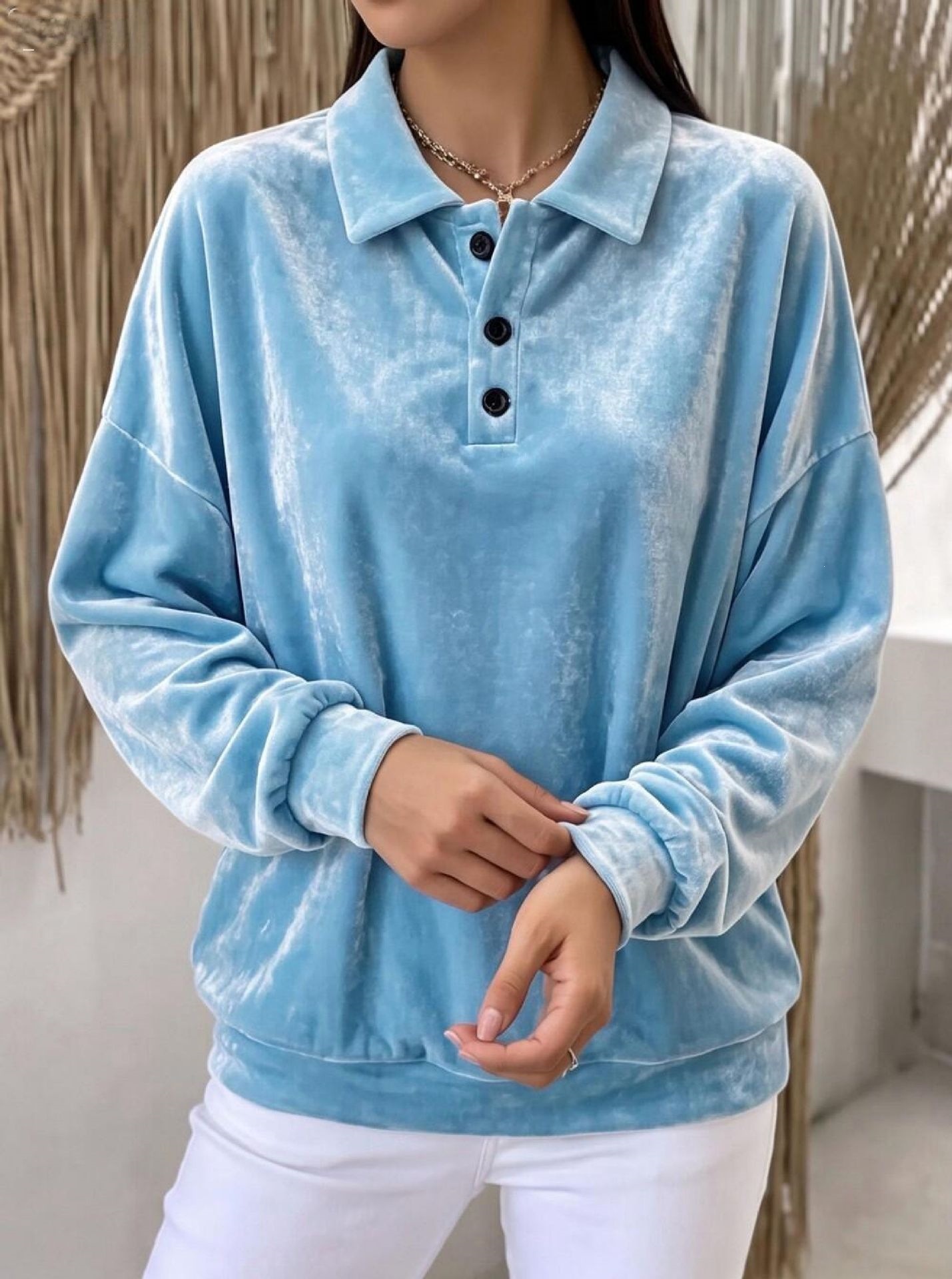 Velvet Sweatshirt with Collar Long Sleeve Solid Color Women's Casual Top