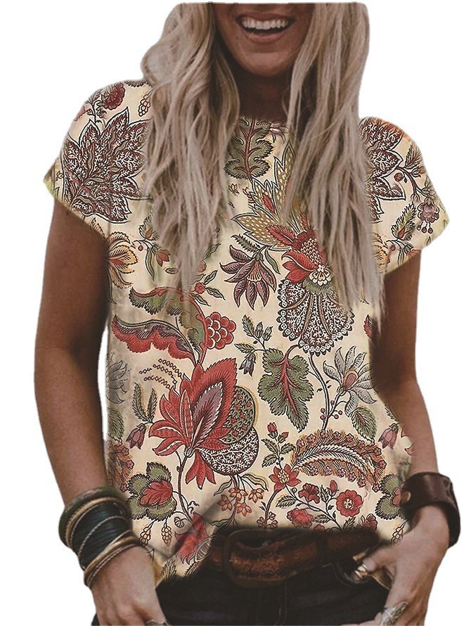 Women's V-Neck Floral Print Short Sleeve Loose Fit T-Shirt
