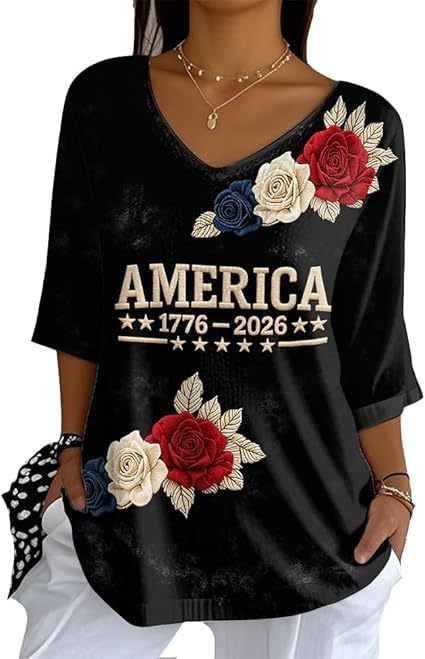 Floral Letter Print V-Neck Half-Sleeve Women's T-Shirt