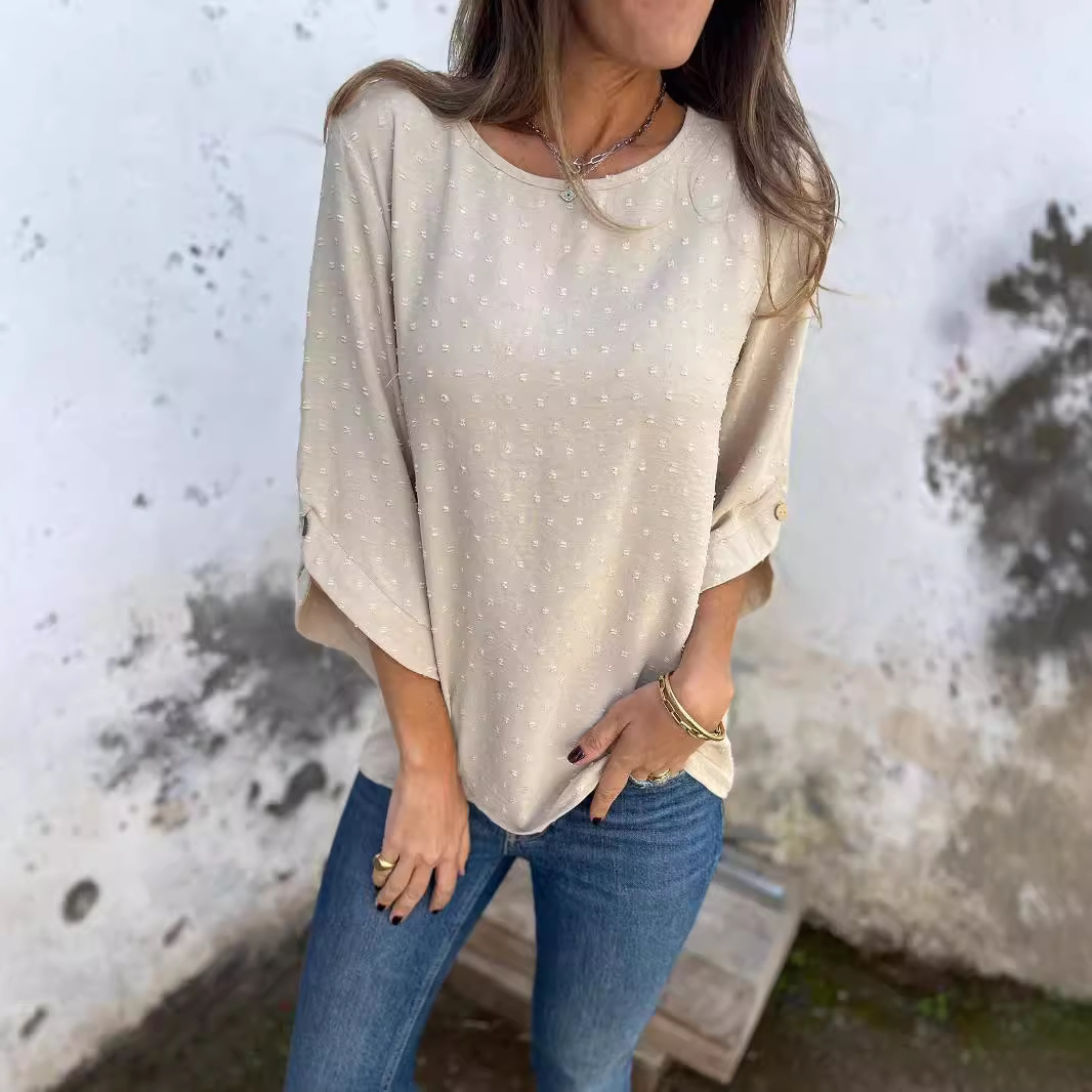Women's Spring Autumn Round Neck Chiffon Jacquard Loose Fit Casual Top T-Shirt
