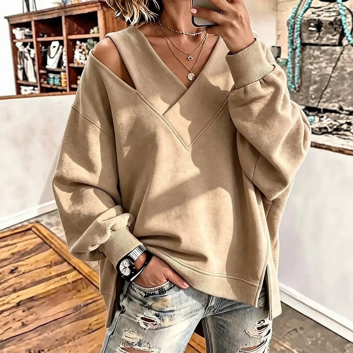 Women's Solid V-Neck Long-Sleeve Loose T-Shirt Sweatshirt