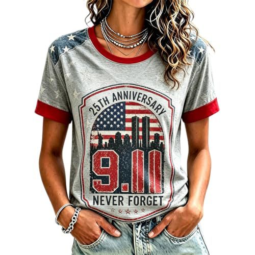 911 Twin Towers Ribbon Flag Print Short Sleeve T-Shirt