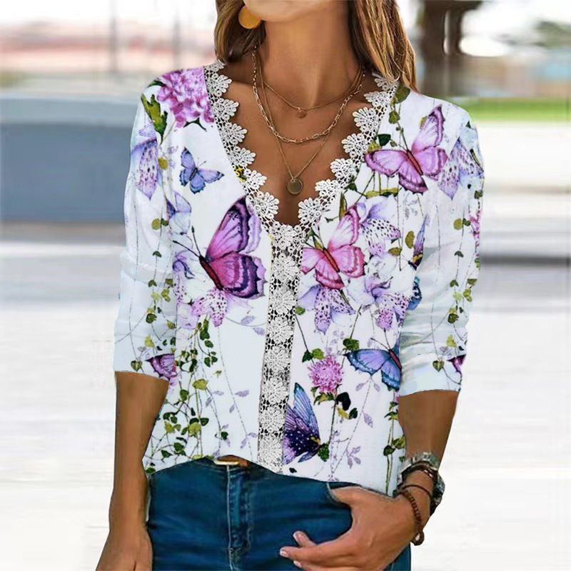 Lace V-Neck Digital Print Long-Sleeve Loose Top