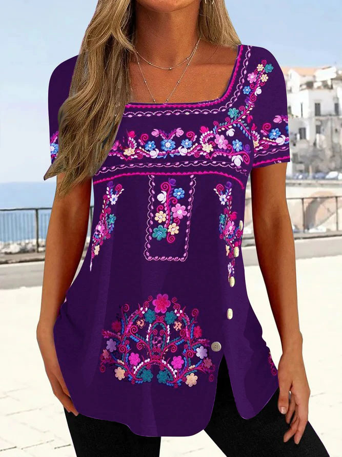 Women's Ethnic Floral Print Button Split Short Sleeve Top T-Shirt