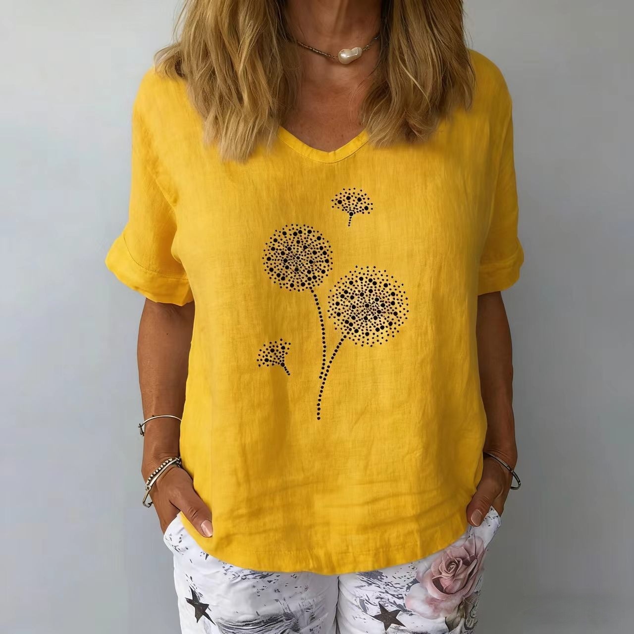 Women's Cotton-Linen Loose Short Sleeve Dandelion Print Top