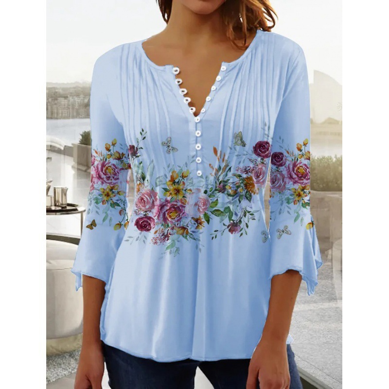 Floral Print V-Neck Short Sleeve Pleated Button T-Shirt