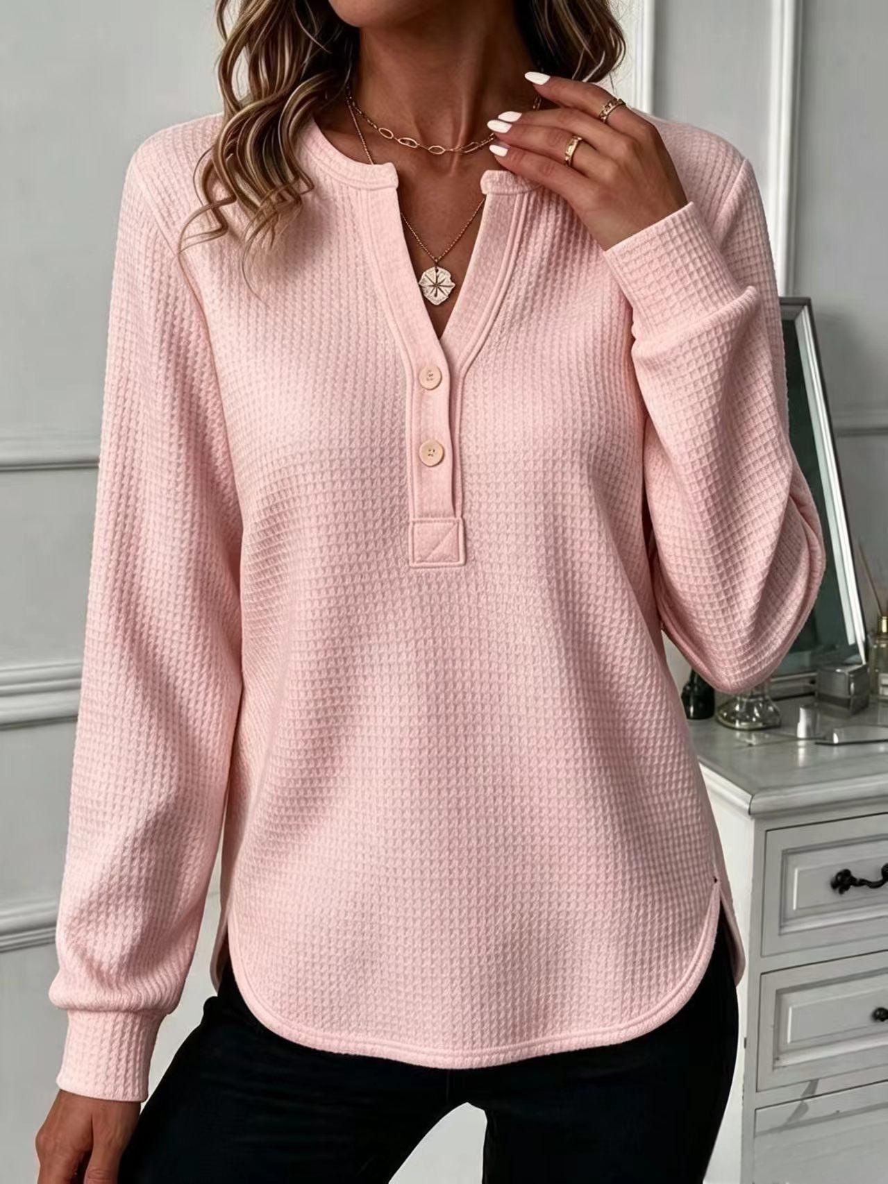 Waffle Knit V-Neck Button Loose Fit Long Sleeve Top