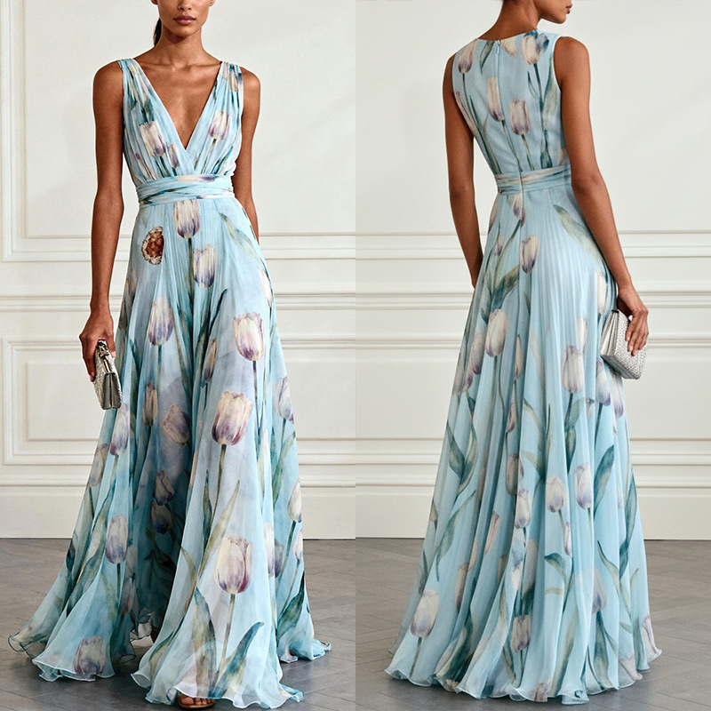 Vacation Print Maxi Dress V-Neck Sleeveless High Waist Flowy