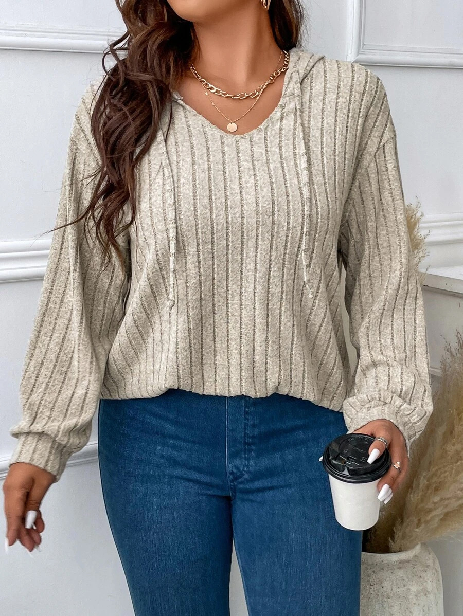 Women's Plus Size V-Neck Hooded Long Sleeve Ribbed Brushed T-Shirt Loose Fit