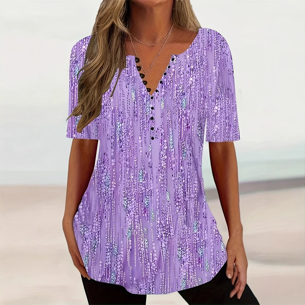 Women's Gradient V-Neck Button Short-Sleeve T-Shirt