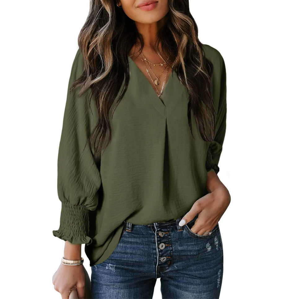 Women's V-Neck Long Sleeve Loose Blouse Top