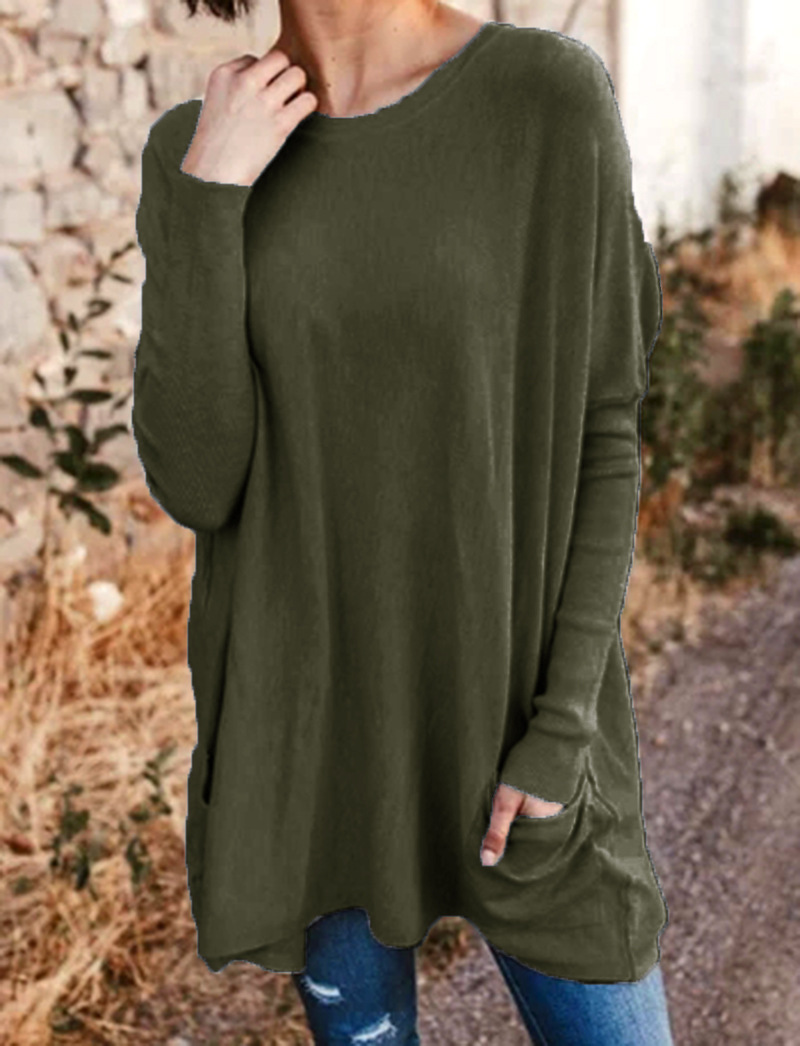 Women's Loose Fit Crewneck Long Sleeve Pocket T-Shirt