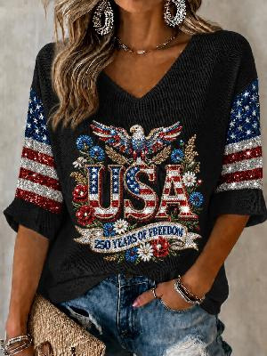 USA 250th Anniversary Print V-Neck Half-Sleeve Women's Top