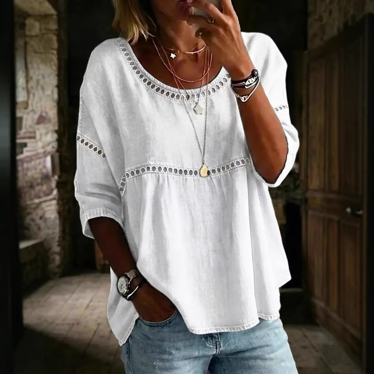 Women's Abstract Line Print Crewneck Short Sleeve Top