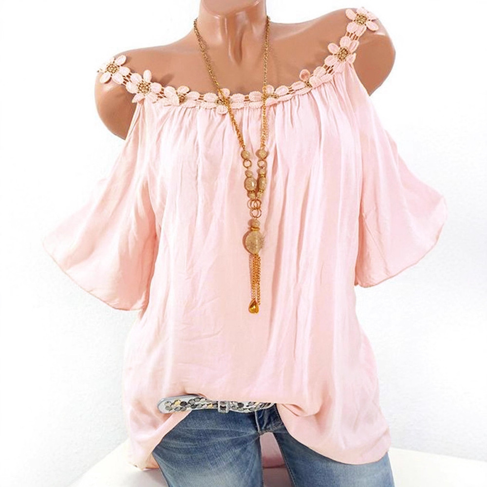 Cross-Border European & American Women's Clothing 2026 Summer Wish Amazon eBay Bestseller Lace Round Neck Off-Shoulder Solid Color T-Shirt for Women