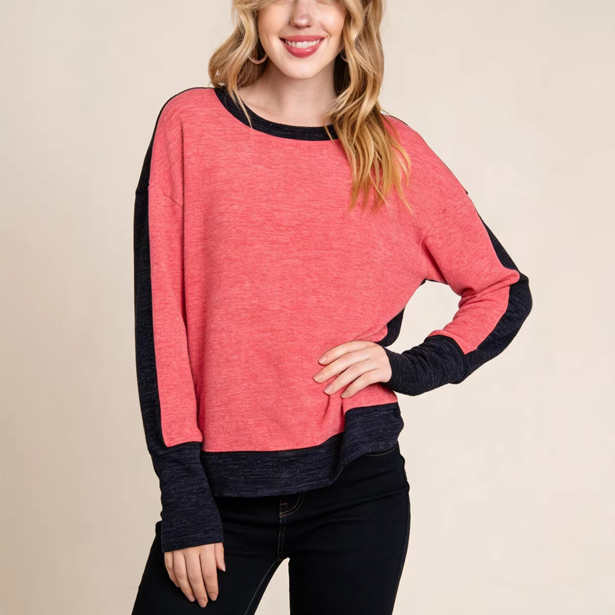 Women's Colorblock Crewneck Long Sleeve T-Shirt Loose Fit