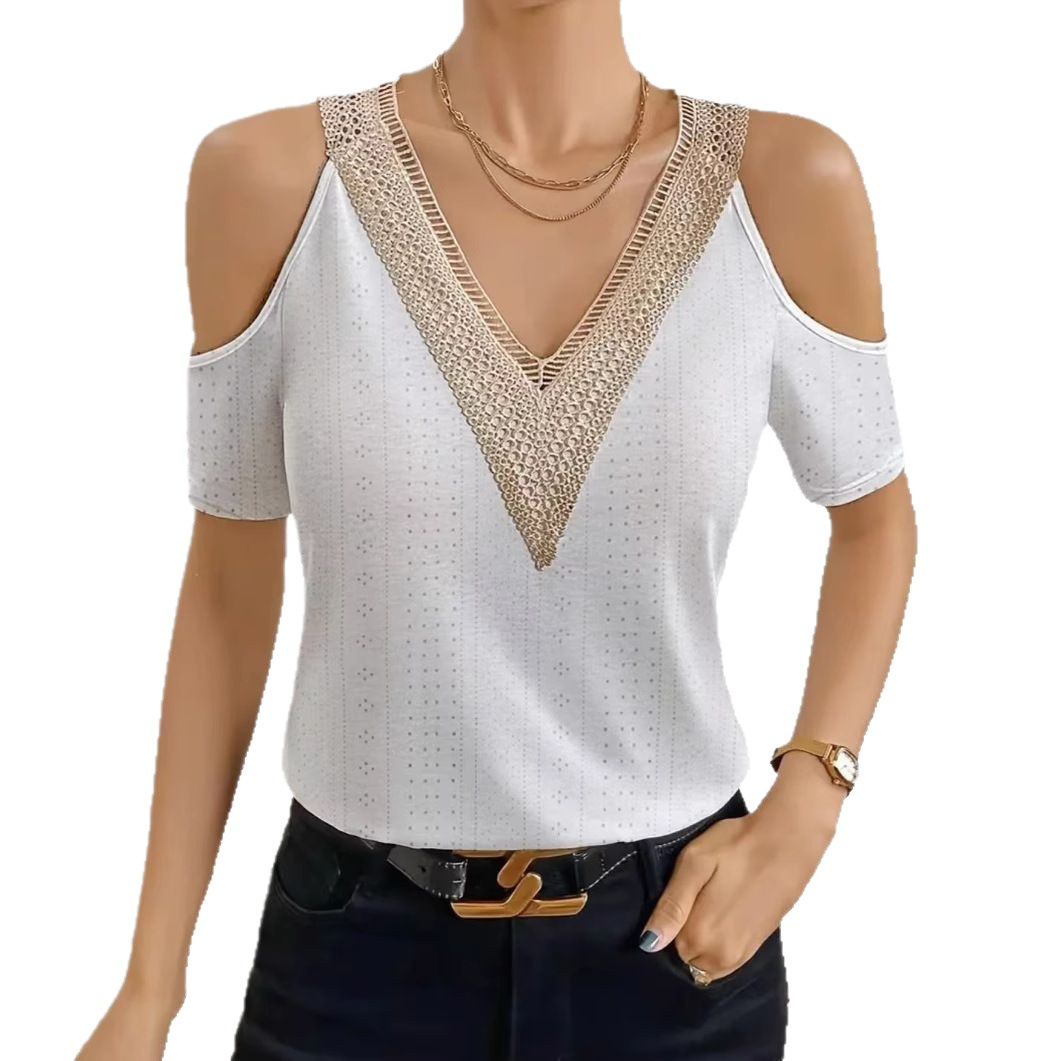 Women's Lace Trim V-Neck Cold Shoulder Short Sleeve Top