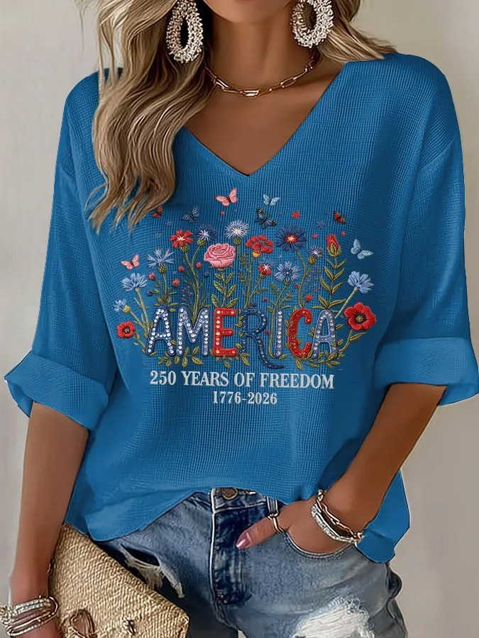 USA 250th Anniversary Print V-Neck Half-Sleeve Women's Top