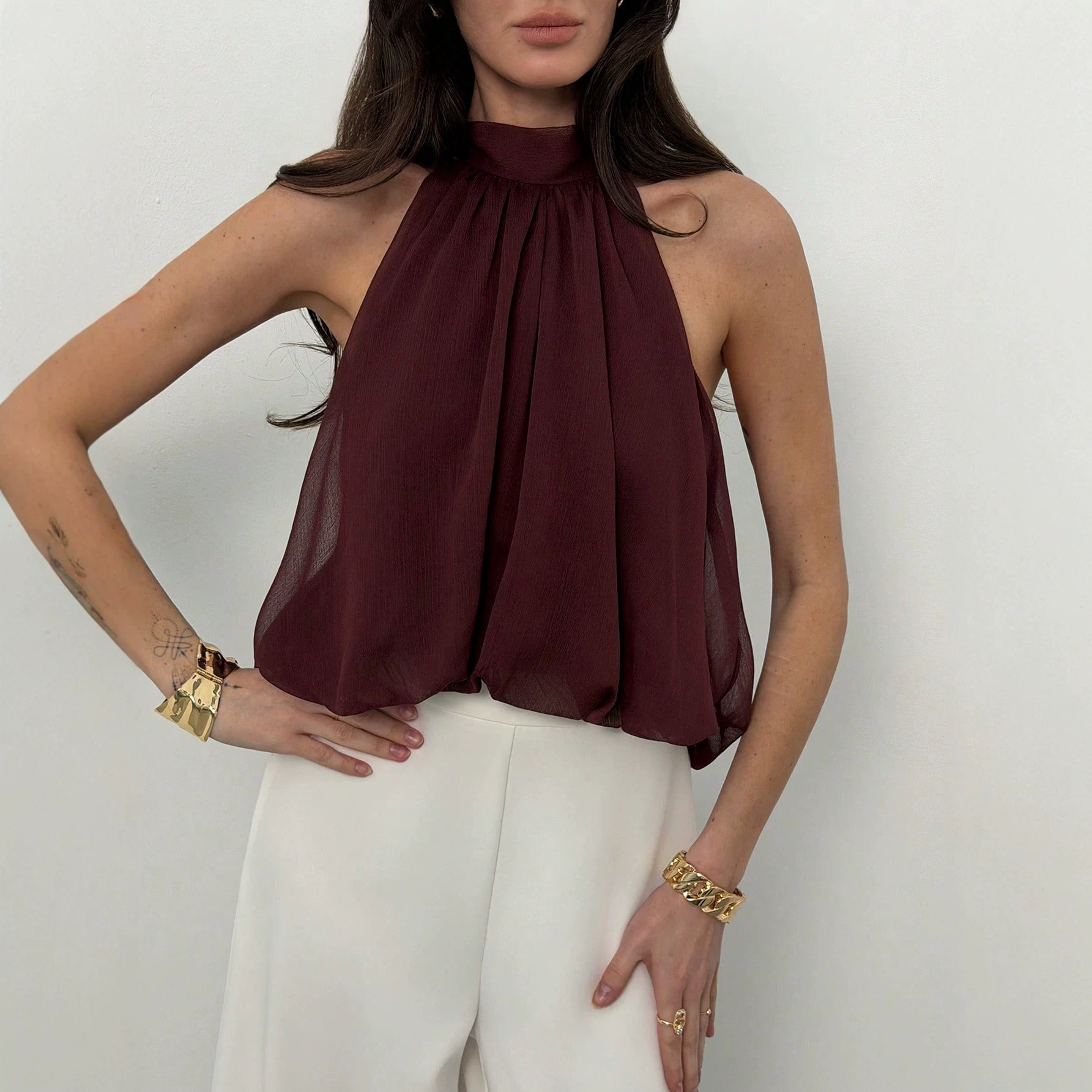 Sleeveless Chiffon Halter Tie-Back Solid Top