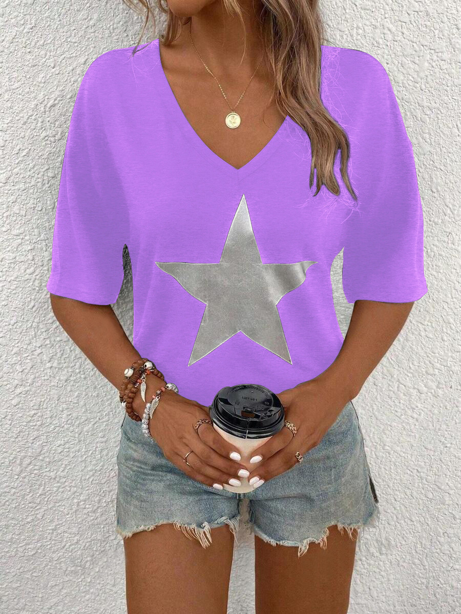 Women's V-Neck Short Sleeve T-Shirt Casual Loose Fit Top