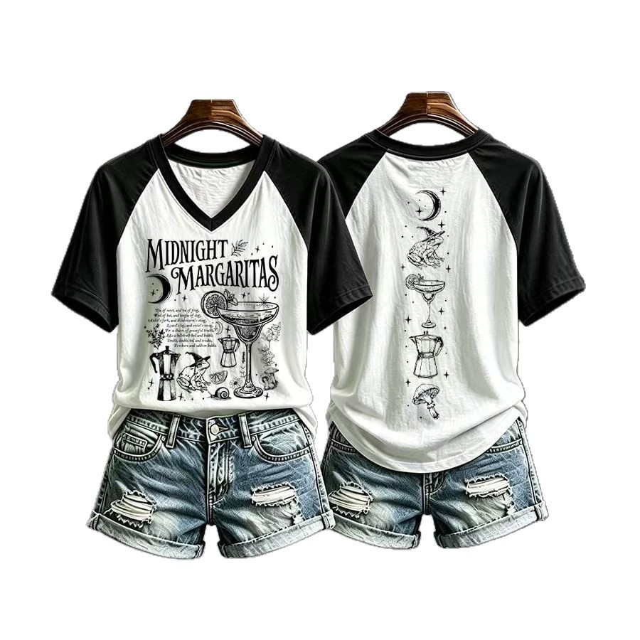 Fantasy Graphic Front and Back Print V-Neck T-Shirt