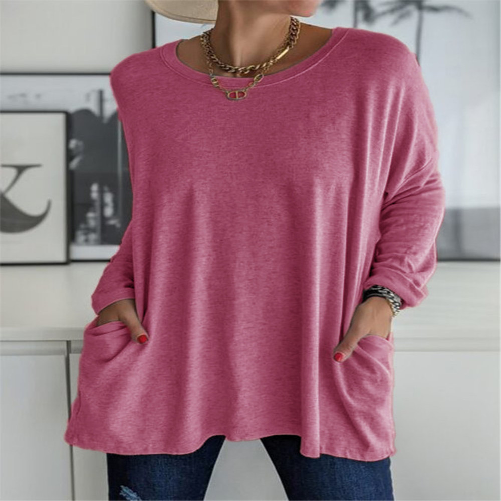 Women's Loose Fit Crewneck Long Sleeve Solid T-Shirt with Pocket