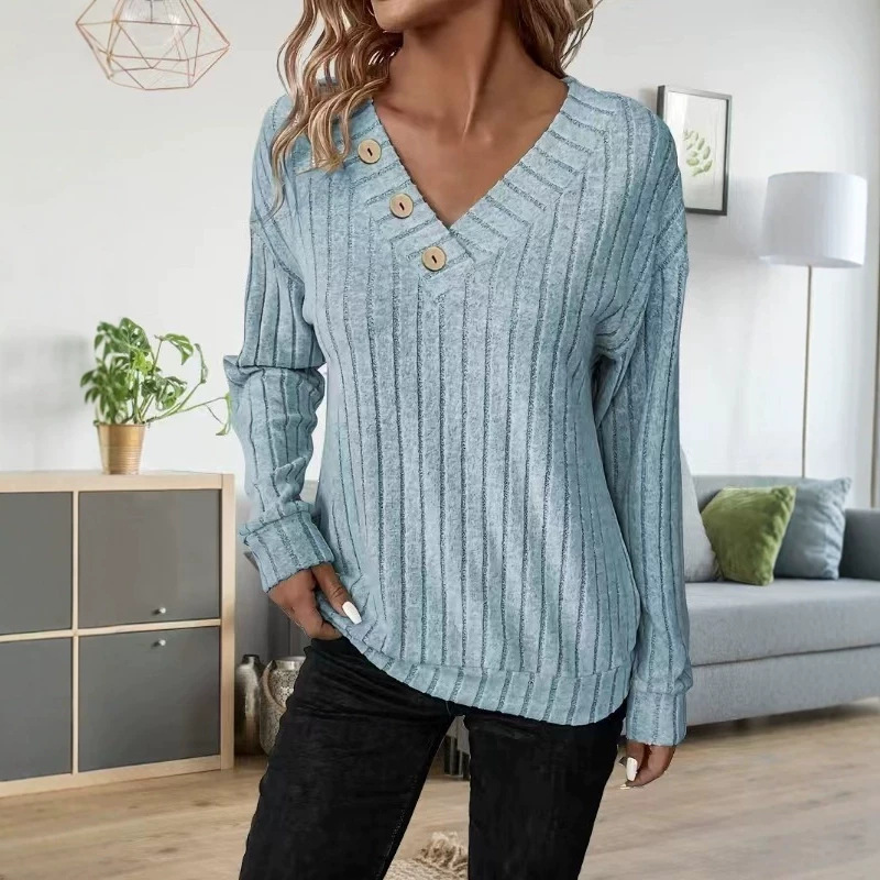 Women's V-Neck Long Sleeve Loose Fit Faux Button T-Shirt