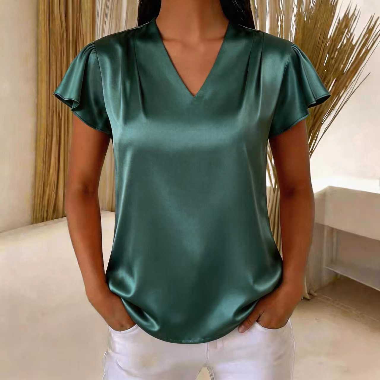 V-Neck Chiffon Pleated Loose Short Sleeve Top