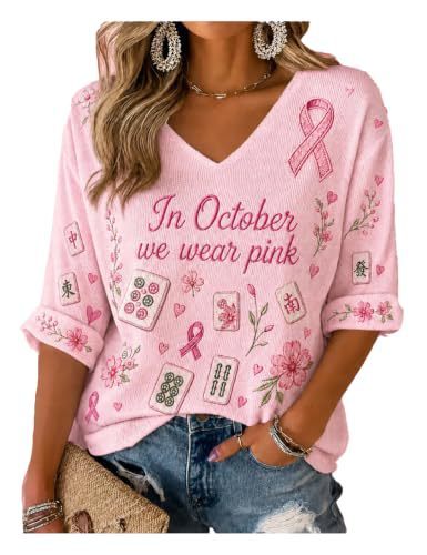 Ribbon Floral Mahjong Print V-Neck Mid-Sleeve T-Shirt