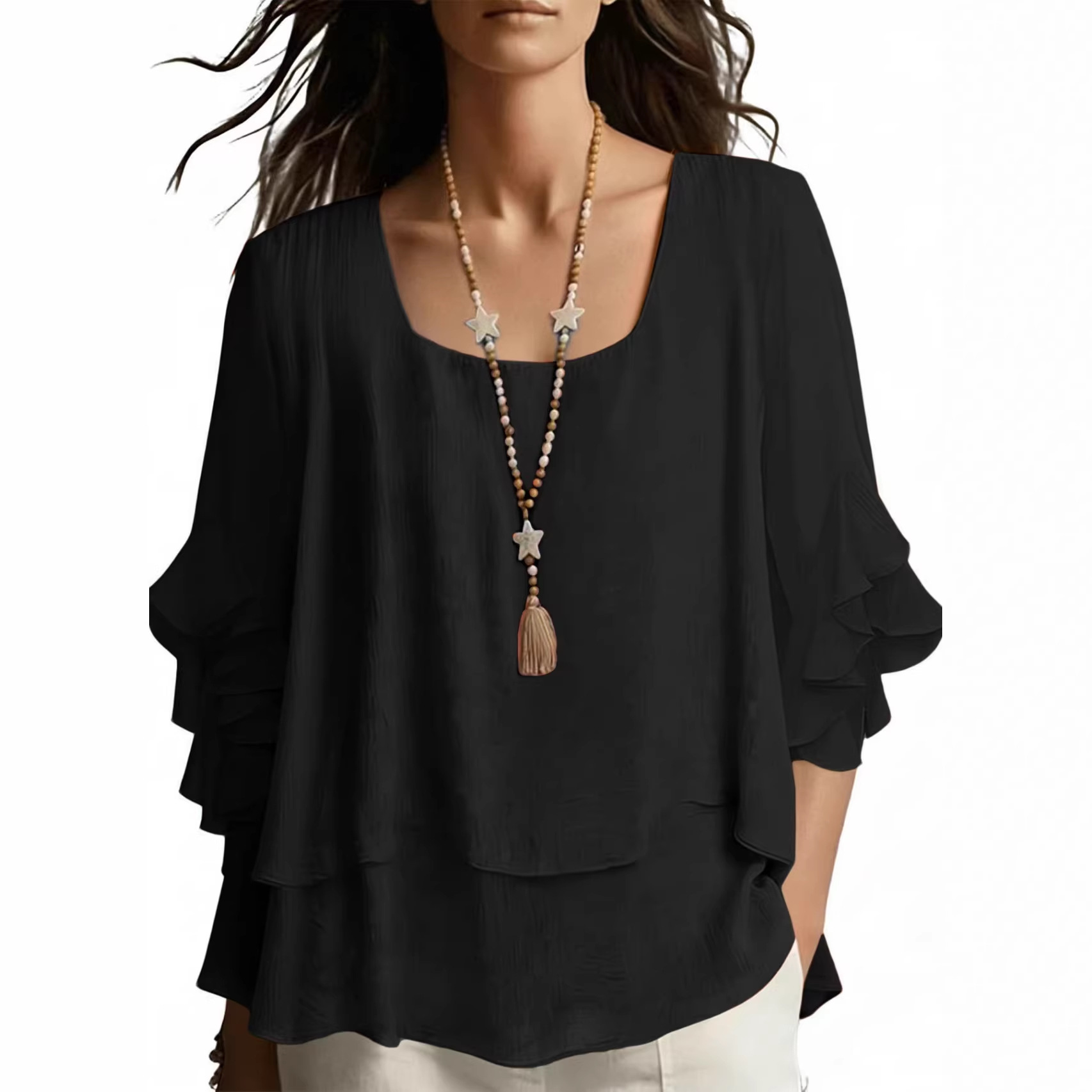 Women's Round Neck Flared Sleeve Loose Casual Top