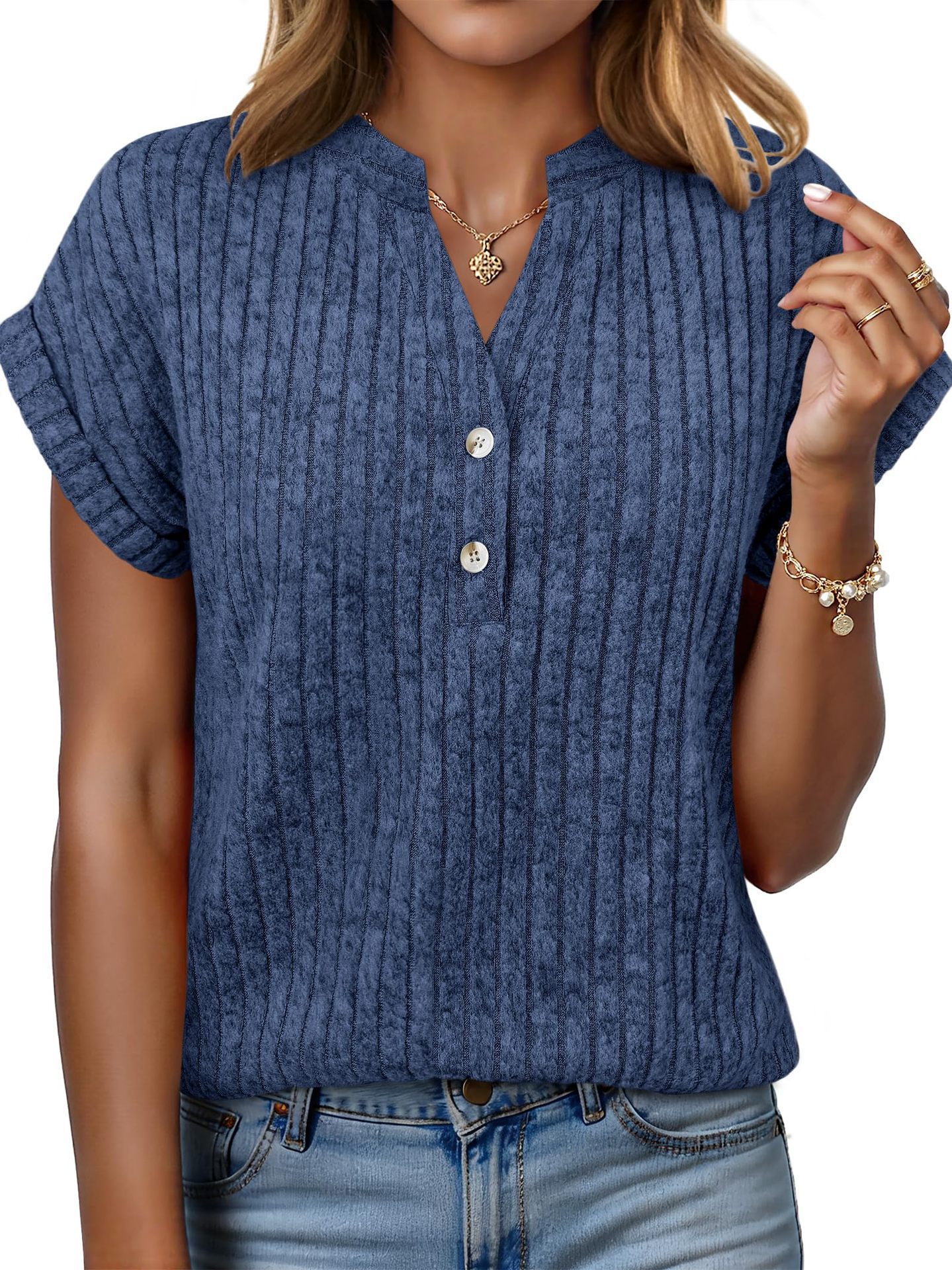 Brushed Ribbed V-Neck Batwing Short-Sleeve Top