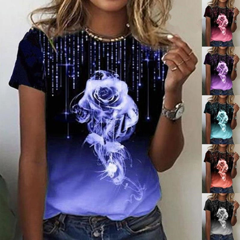 Women's Rose Print Short Sleeve Crew Neck T-Shirt