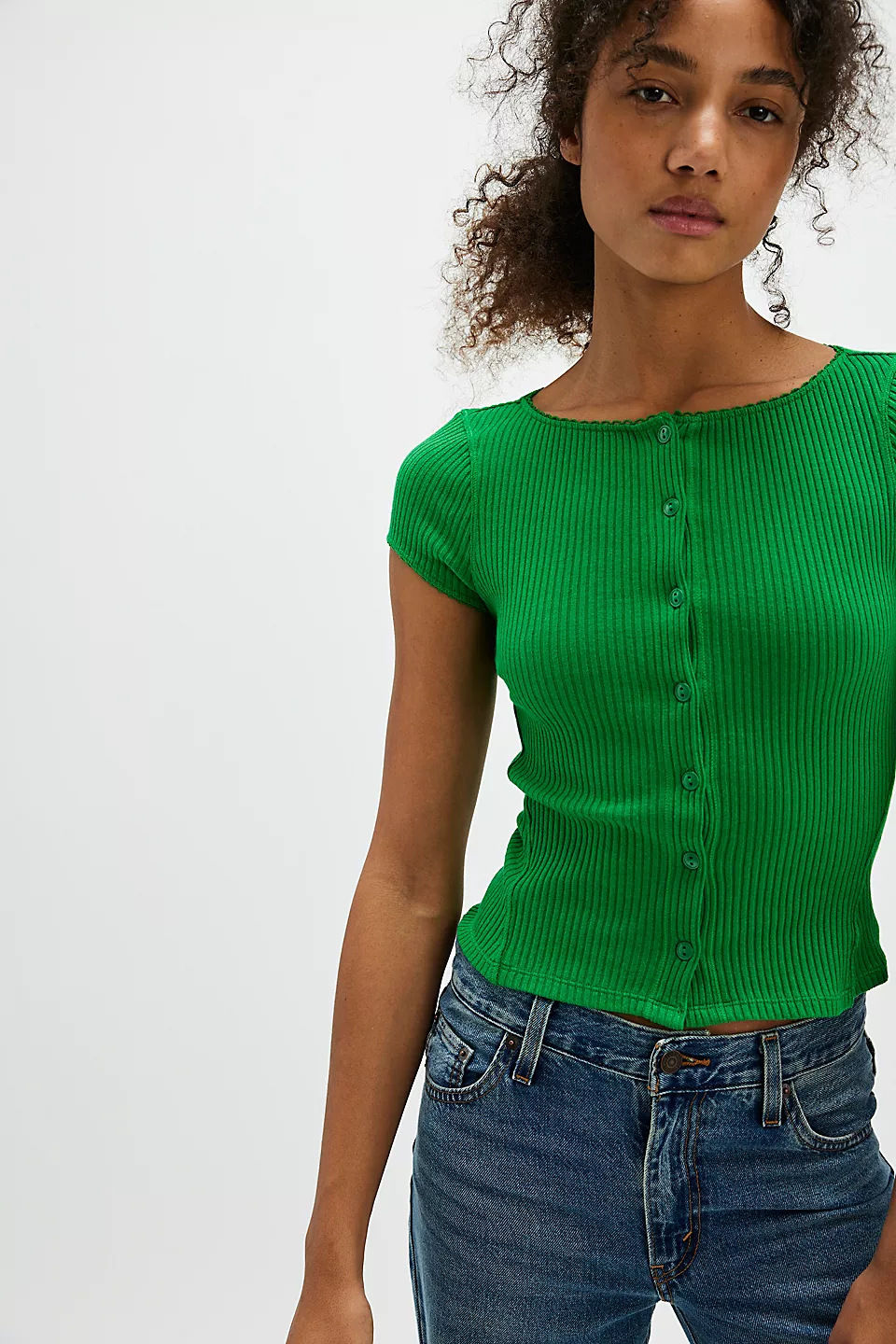 Sexy Ribbed Button-Front Short-Sleeve Cardigan Top Solid Color T-Shirt for Women