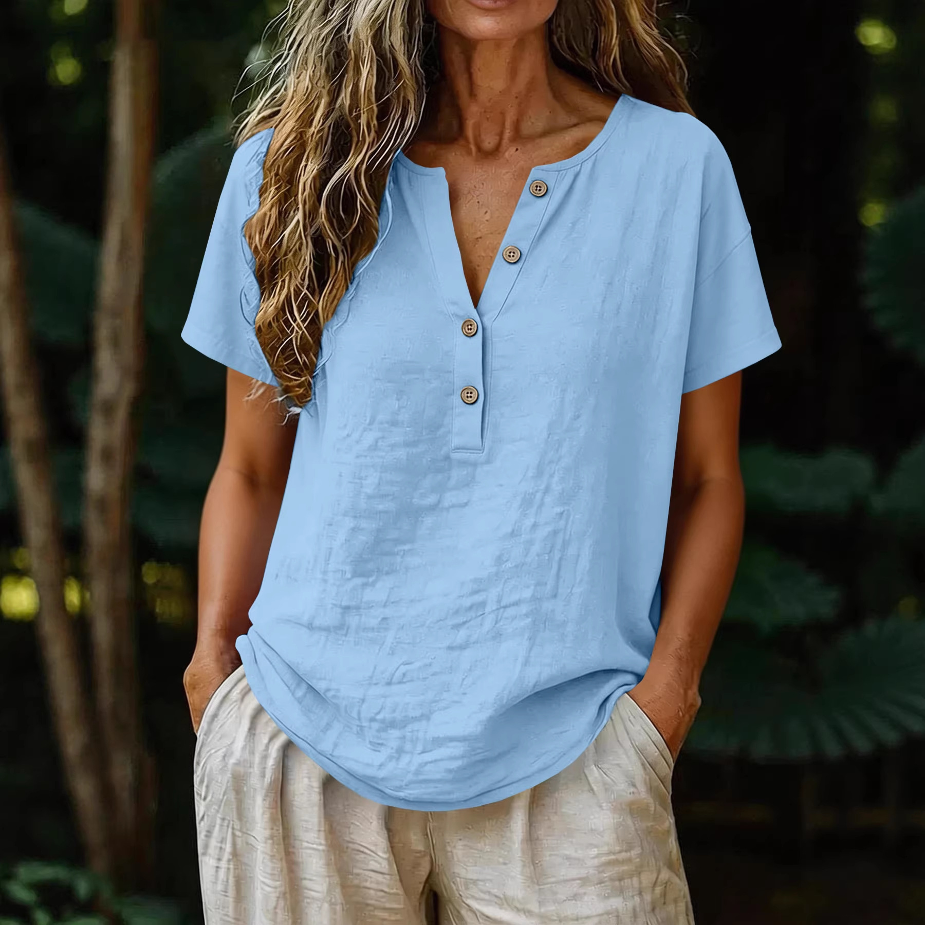 Women's Casual Cotton-Linen Short-Sleeve Half-Placket V-Neck Button Top