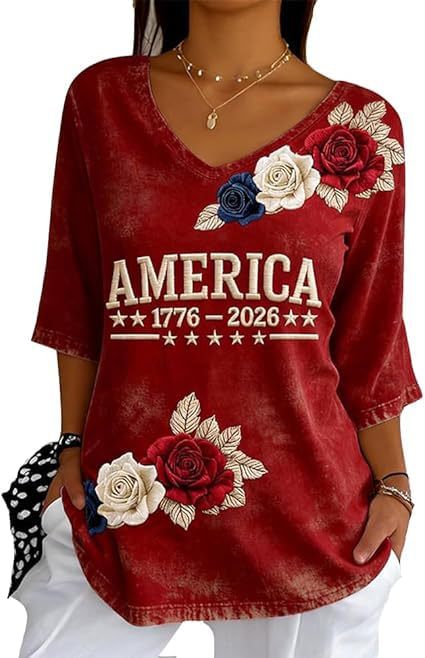 Floral Letter Print V-Neck Half-Sleeve Women's T-Shirt