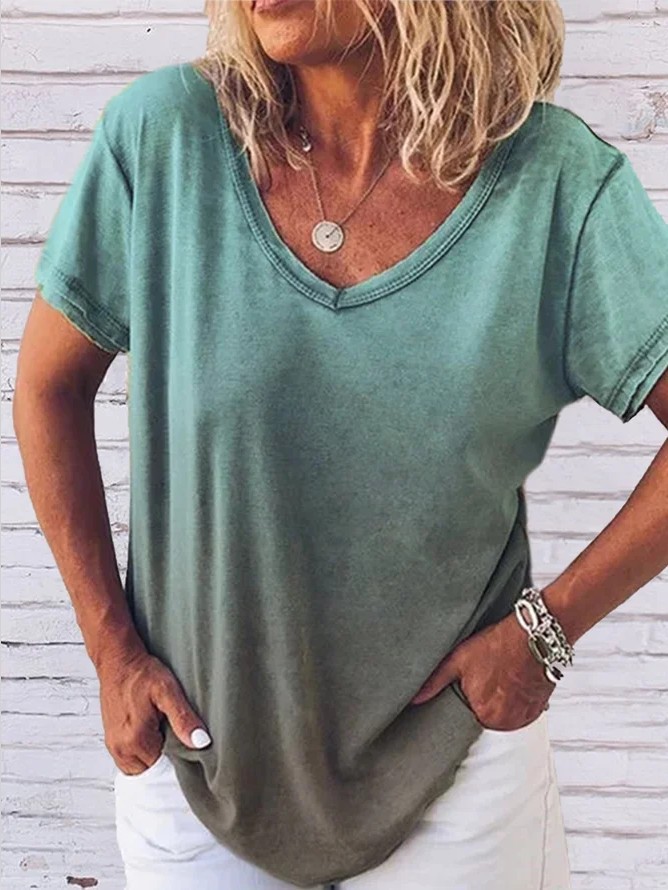 Raw Edge Short Sleeve V-Neck Gradient Print T-Shirt