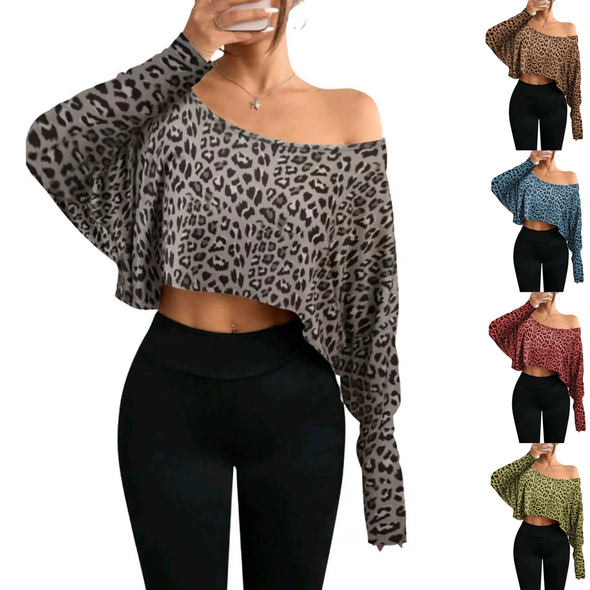 Women's One-Shoulder Leopard Print Long-Sleeve Cropped Top