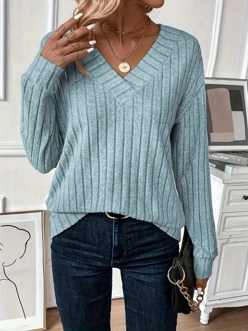 Women's Long Sleeve V-Neck Knit T-Shirt Casual Solid Color Top