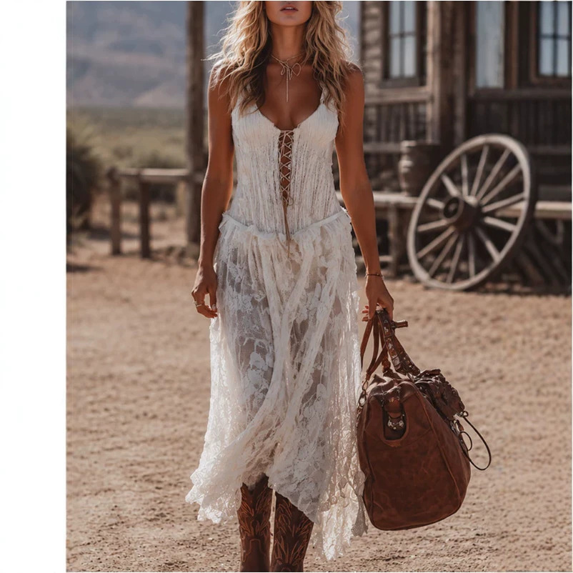 White Lace Maxi Dress Vintage Western Style Sleeveless U-Neck High Waist