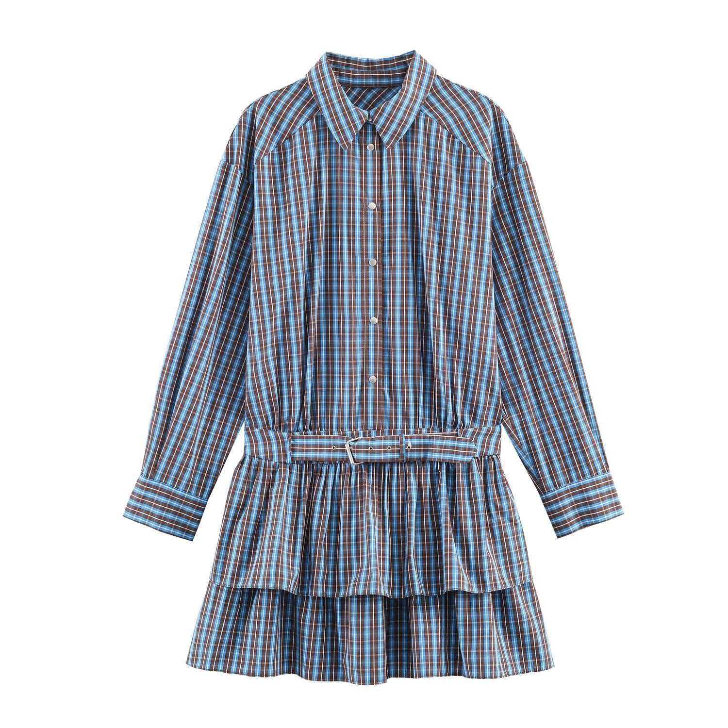Women's Plaid Layered Short Dress with Belt
