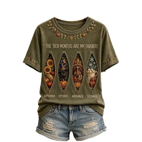 Olive Pumpkin Maple Leaf Print Short Sleeve T-Shirt