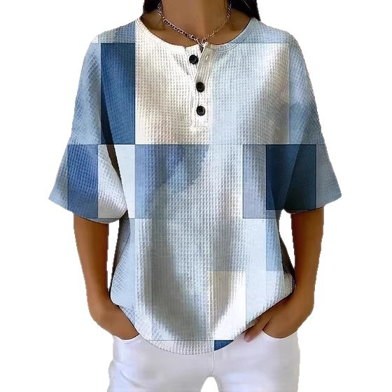 Summer Plaid Floral Print Short Sleeve Button-Up Top