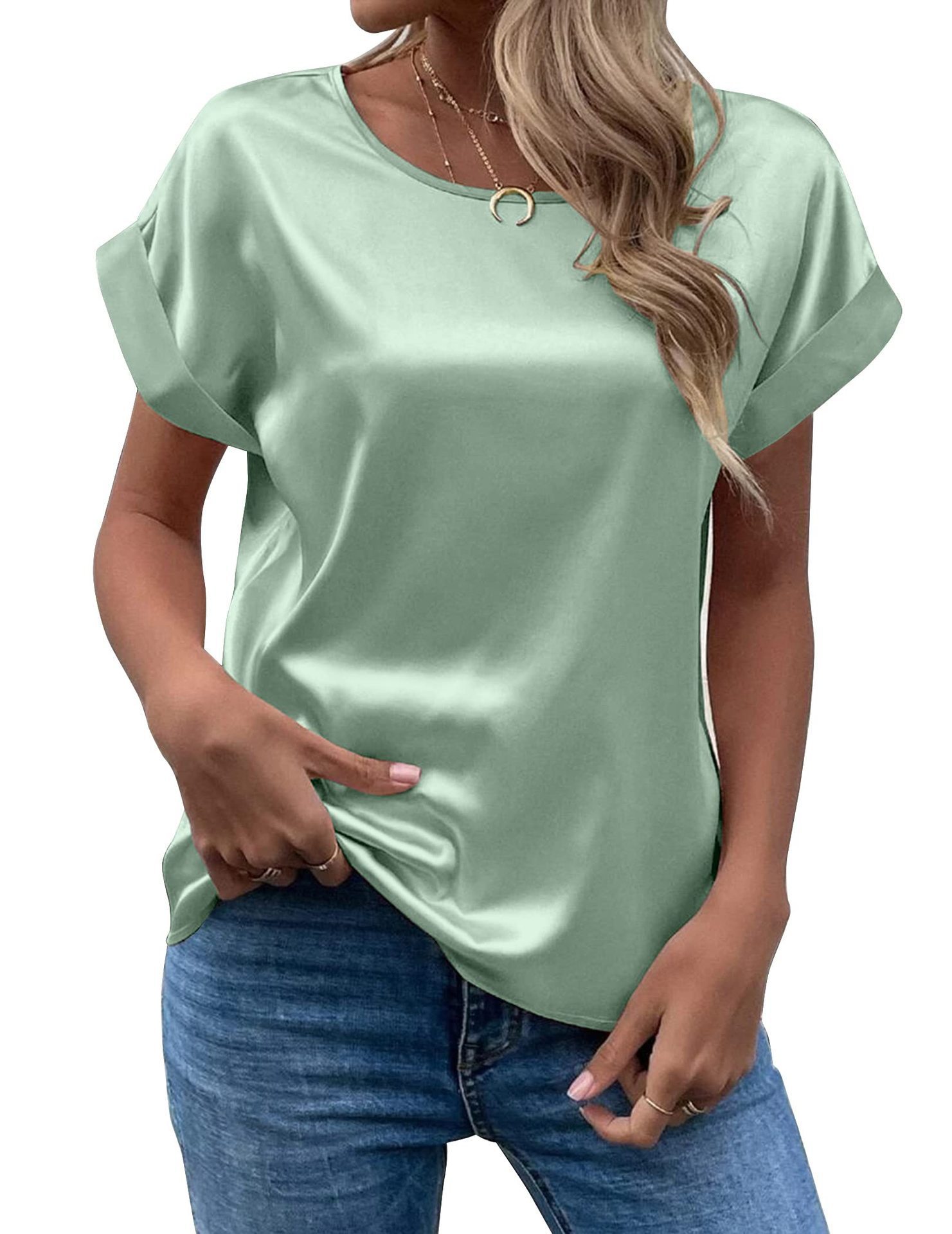 Women's Satin Crewneck Straight-Fit Short-Sleeve T-Shirt
