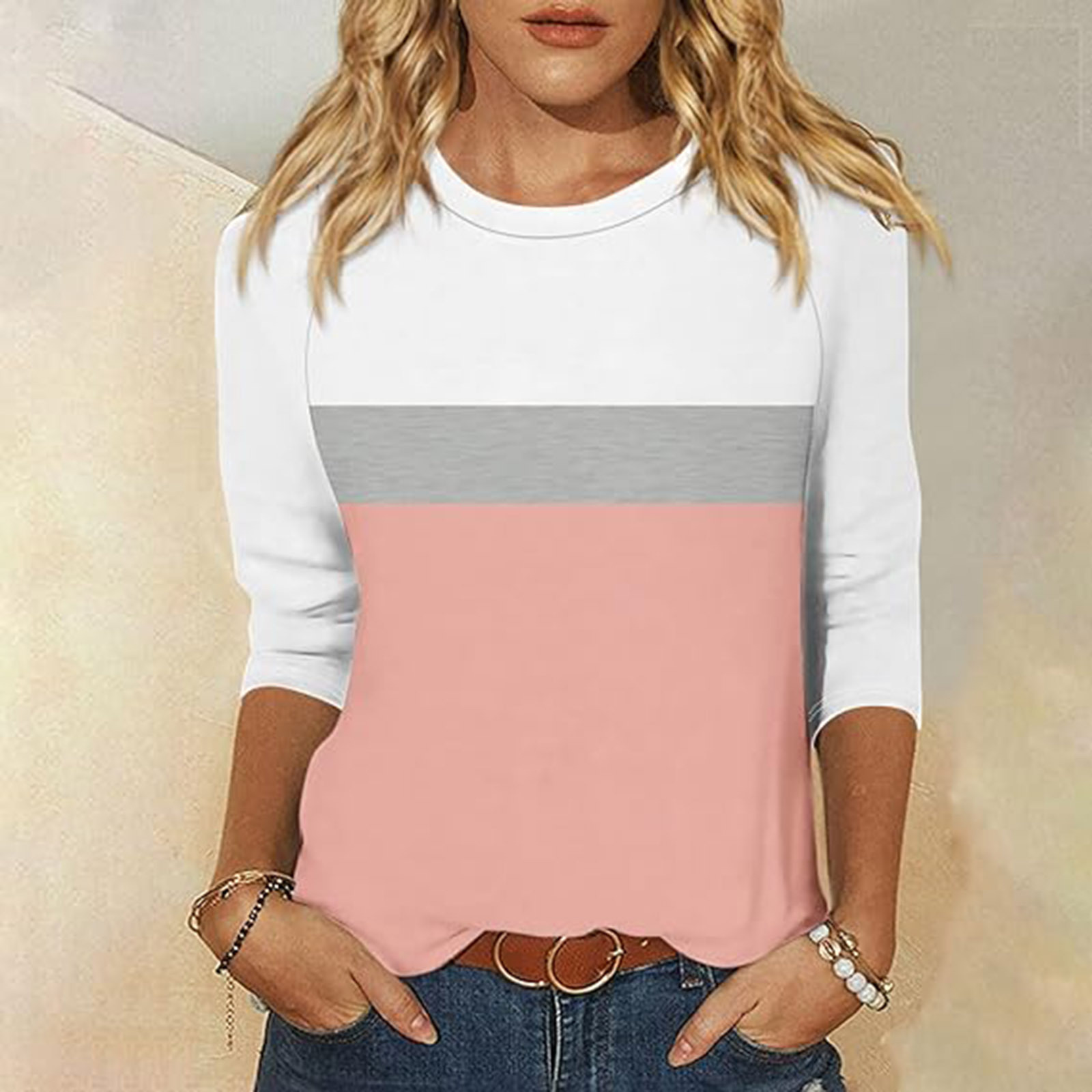 Women's Colorblock Houndstooth 3/4 Sleeve Crewneck T-Shirt