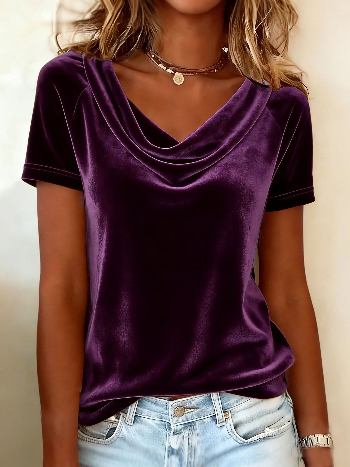 Solid Cowl Neck Short Sleeve Velvet T-Shirt