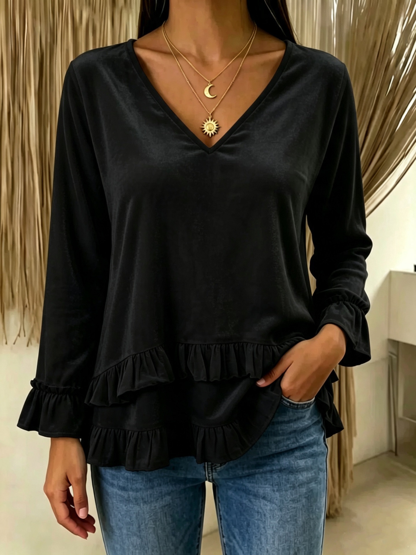 Women's V-Neck Ruffle Velvet Long-Sleeve Top