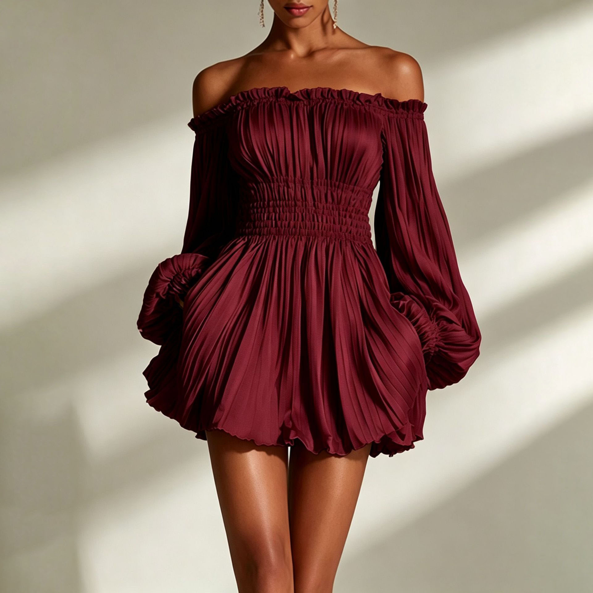 Off-Shoulder Ruched Long-Sleeve A-Line Dress