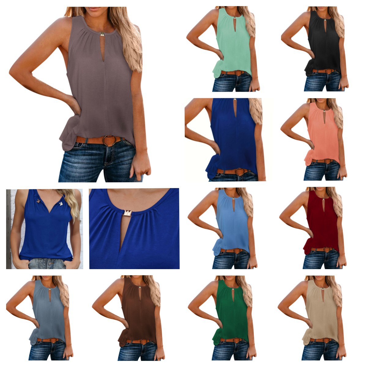 Women's V-Neck Solid Color Tank Top with Buckle Detail